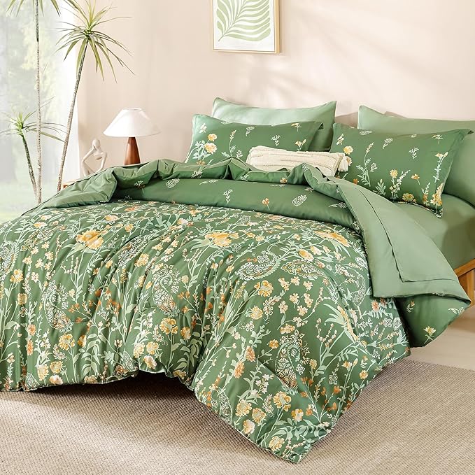 Yiran 7 Piece Sage Green Floral Comforter Set Queen Size, Watercolour Botanical Comforter Bedding Set, Bed in a Bag Queen, Soft Microfiber Complete Bedding Set with Sheets for All Season