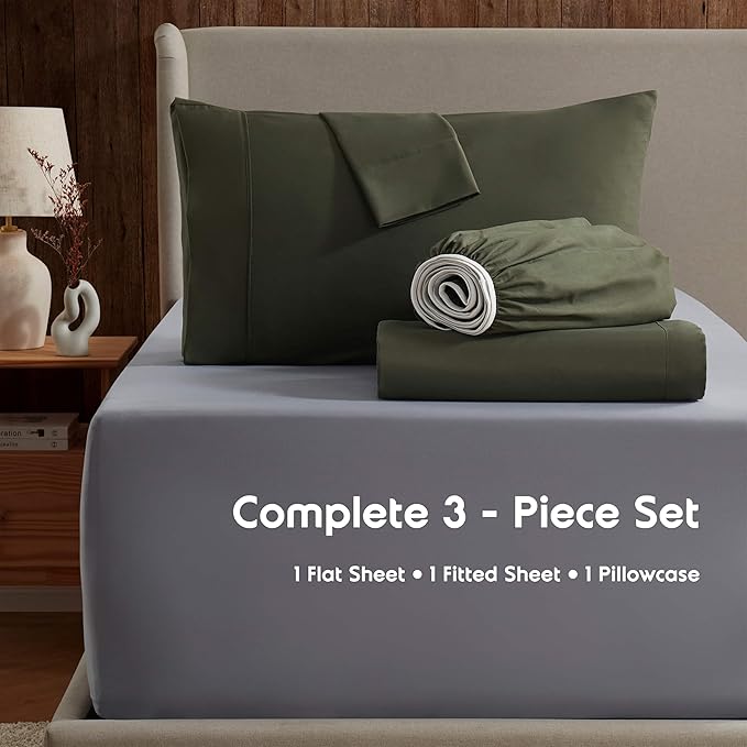Nestl Twin XL Sheet Set - College Dorm Size - Luxury 1800 Ultra-Soft Microfiber Twin Extra Long Bed Sheets - Deep Pockets - Easy Fit - Extra Soft - 3 Piece Set (Twin XL, Olive Green)