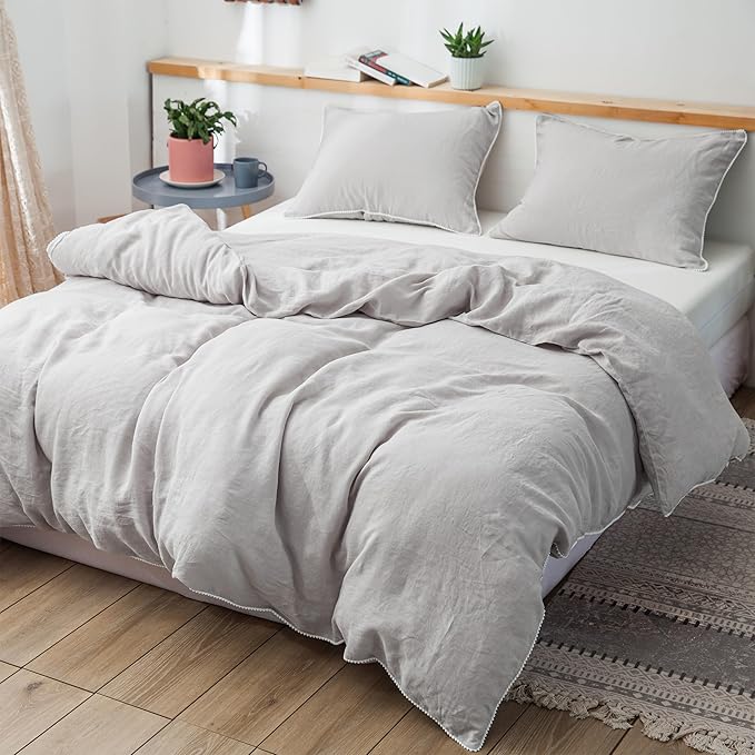 Simple&Opulence 100% Washed Linen Duvet Cover with Pom Pom Trim, Natural French Flax Bedding Set Soft Breathable,1 Farmhouse Boho Comforter Cover and 2 Pillow Shams(King,Natural Linen)