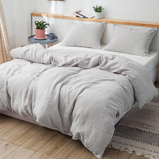 Simple&Opulence 100% Washed Linen Duvet Cover with Pom Pom Trim, Natural French Flax Bedding Set Soft Breathable,1 Farmhouse Boho Comforter Cover and 2 Pillow Shams(Queen,Natural Linen)