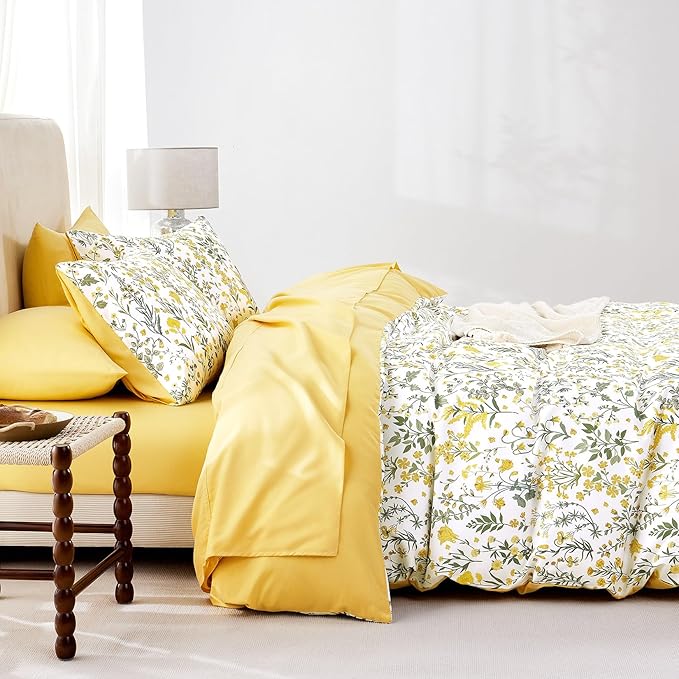 Wake In Cloud - Floral Duvet Cover Set, Shabby Chic Cottage Garden Botanical Flower Style with Elegant Wildflower Pattern, Soft Lightweight Bedding, 3 Pieces, Yellow White, Twin/Twin XL Size