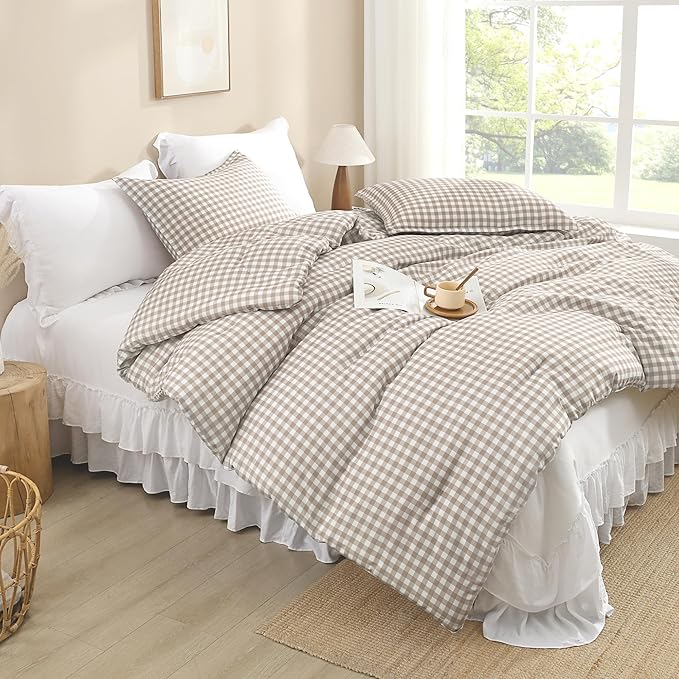 Andency Tan Gingham Comforter Set Twin(66x90Inch), Brown Checkered Grid Plaid Buffalo Bed Set for Girls Boys Kids Teens, 2 Pieces Lightweight Microfiber Geometric Preppy Bedding
