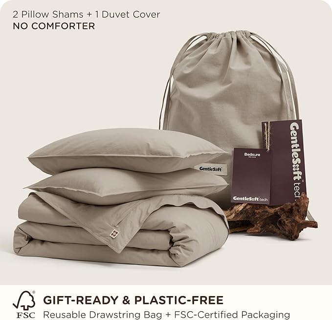 Bedsure Cotton Duvet Cover Queen - Luxury Slub Weave 100% Cotton Duvet Cover with a Linen Like Textured, Easy Change Durable Bedding, Tannish Linen Grey, 90" x 90"