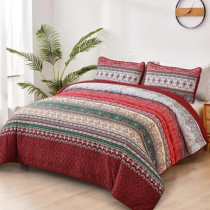 WONGS BEDDING Boho King Quilt Set, Red Bohemian Quilt Bedding Set, Lightweight Bed Decor Bedspread for All Season Reversible Microfiber Coverlet Bedding Set 103"x90"(3 Pieces)
