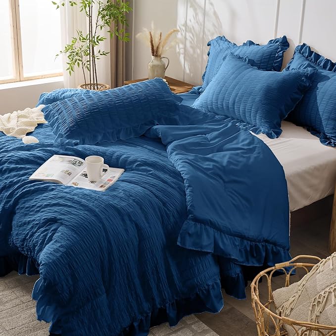 JOLLYVOGUE Teal King Comforter Set, 3 Pieces Seersucker Comforters King Size, Lightweight & Fluffy Bedding Sets King for All Season with 1 Ruffle Comforter and 2 Ruffle Pillowshams