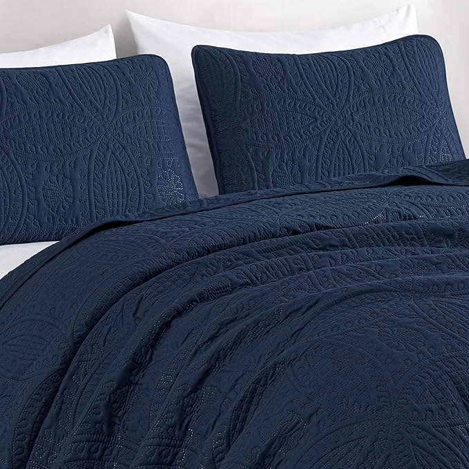 Chezmoi Collection Austin 3-Piece Oversized Bedspread Coverlet Set (Queen, Navy)