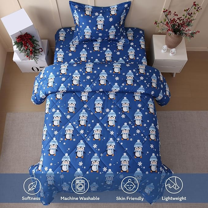 JSD Penguin Snowflakes Kids Christmas Comforter Set Queen Size, 3 Piece Xmas Printed Microfiber Bedding Set, Machine Washable
