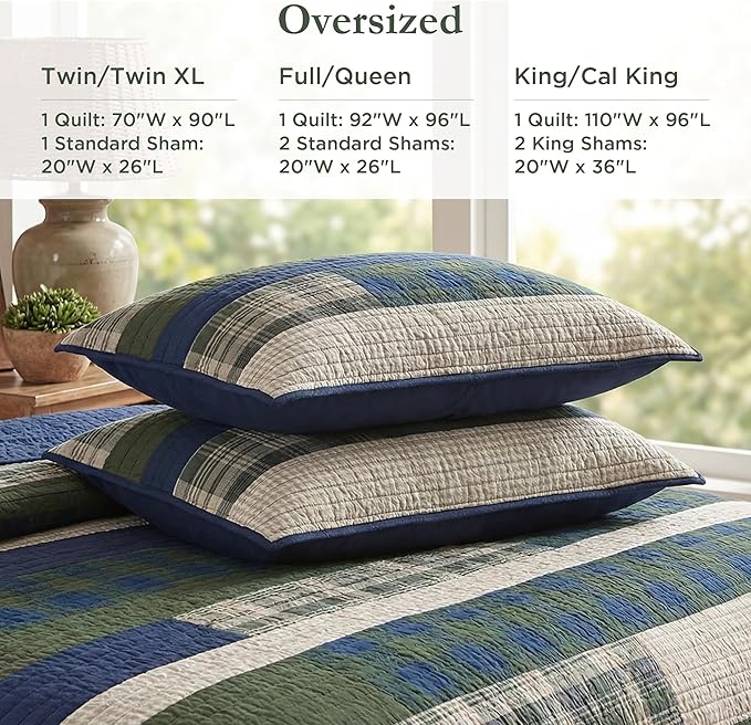 Woolrich Spruce Hill Reversible Quilt Set - Cottage Styling Reversed to Solid Color, All Season Lightweight Coverlet, Cozy Bedding Layer, Matching Shams, Oversized Full/Queen, Stripes Green 3 Piece