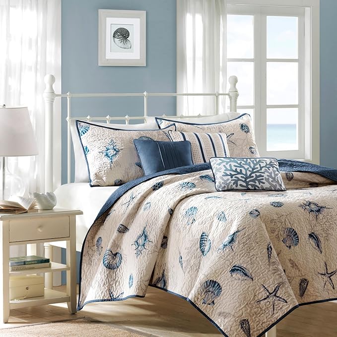 Madison Park Quilt Set Cottage Coastal Design, Starfish Print - All Season, Coverlet Bedspread Lightweight Bedding Layer, Shams, Toss Pillows, Twin/Twin XL(68"x90"), Bayside Blue/Ivory 5 Piece