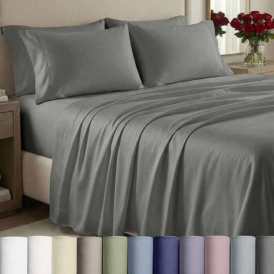 California Design Den Queen Sheets Set - 1000 Thread Count Sateen, Thick and Natural 100% Cotton Sheets, Deep Pockets, Durable Bedding Set - Grey