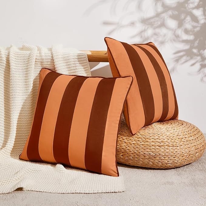 MONDAY MOOSE Decorative Throw Pillow Covers Cushion Cases, Set of 2 Soft Velvet Striped Piping Edge Designs, Pillow Inserts Not Included (16x16 inch, Rust/Coral)