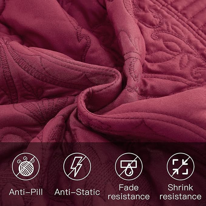 CHIXIN Bedspread Coverlet Quilt Set Full Size - Lightweight Bedding Cover - Beautiful Stitching - 5 Piece Reversible Bedspread - Gorgeous Damask Paisley Pattern (Full, Wine Red)