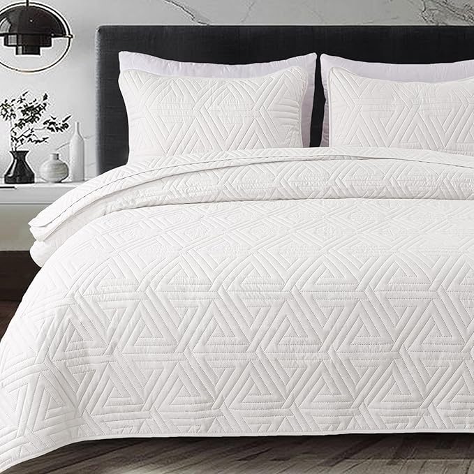 Whale Flotilla Soft King Size Quilt Set for All Seasons, 3-Piece Ultrasonic Geometric Quilts Bedding Set, Lightweight Reversible Bedspread, Coverlet, Bed Cover with 2 Pillow Shams, White
