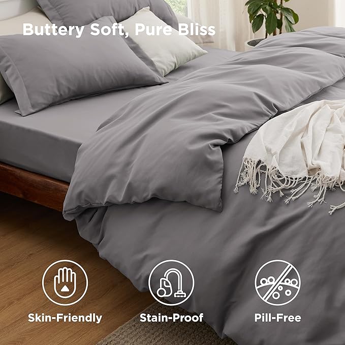 Bedsure Duvet Cover with Fitted Sheet Twin/Twin XL - Deep Pocket, Hotel Luxury Soft Double Brushed Bedding Set with Zipper Closure, 1 Duvet Cover, 1 Fitted Sheet, 1 Pillow Shams, NO Comforter, Grey