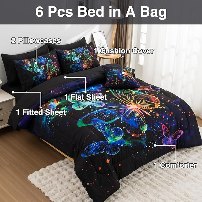 A Nice Night Galaxy Bedding Sets,3D Butterfly Flying in Space Printed,Like Glitter Butterflies 6pcs Bed in a Bag Queen Comforter Set, for Girls Boys Kids Teens