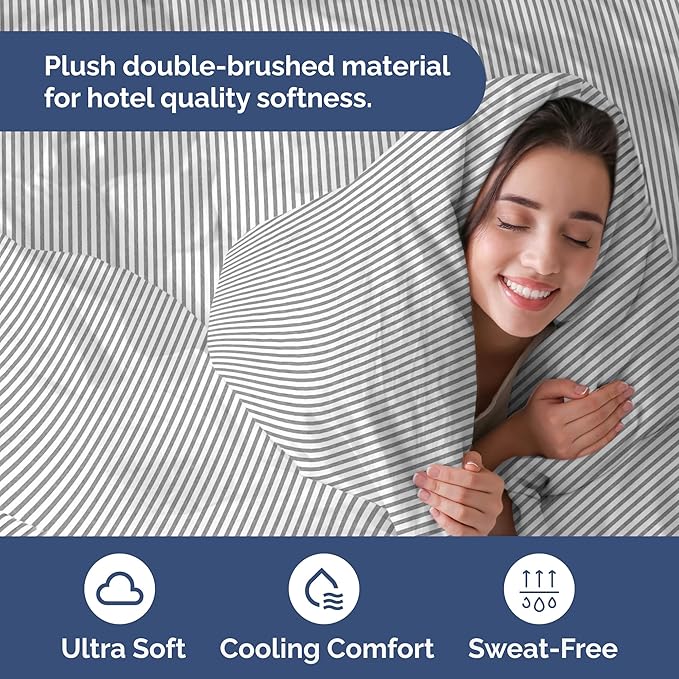 Duvet Cover King Size - Extra Soft King Size Duvet Cover - Lightweight, Breathable, Easy Care & Fade Free w/ Zipper Closures & Ties - 104" x 90" Inches - (Grey Stripes 2) Comforter Not Included