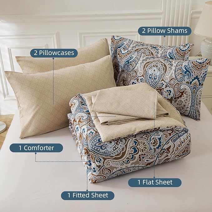 Drucon Brown Comforter Set King, 7 Pieces Bed in a Bag Comforter Boho Paisley Pattern Bedding Soft Microfiber King Size (1 Comforter, 1 Flat Sheet, 1 Fitted Sheet, 2 Pillow Shams, 2 Pillowcases)