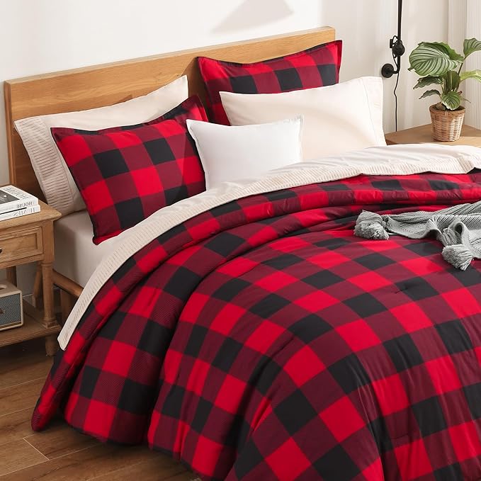 Andency Red and Black Plaid Comforter Set King(104x90Inch), 3 Pieces Buffalo Plaid Checkered Gingham Bedding Comforter Sets, Soft Burgundy Lightweight Geometric Down Alternative Bed Set