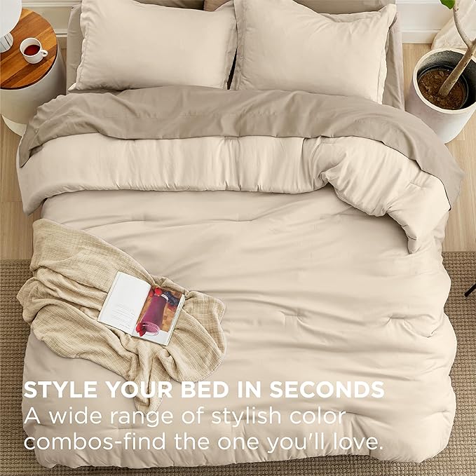 Bedsure Full Comforter Set - 7 Pieces Light Beige Full Bedding Set for All Seasons, Boho Contrasting Design Bed in a Bag with Comforter, Sheets, Pillowcases & Shams