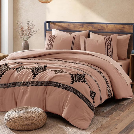 MaiRêve Embroidery Comforter Set, Boho Farmhouse Western Bedding Set, All Season Bed in A Bag Comforter Set with Sheets, Pillowcases & Shams, Dusty Pink King 7 Pieces