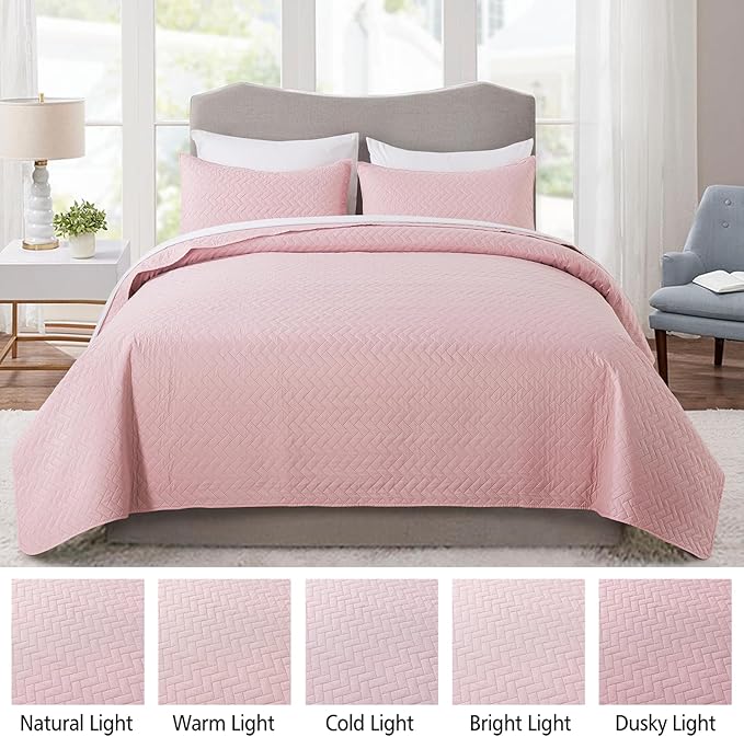 JML Quilts Set, Bedspread Coverlet Set with Pillowcases - 3 Piece Soft and Lightweight Bed Quilt for Spring, Autumn and Summer (Embossed Weave - Pink, King(92"x104"))