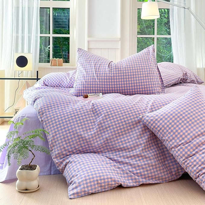 LifeTB Purple Gingham Comforter Set Full Modern Style Purple Pink Grid Plaid Comforter Soft Fluffy 3 Pieces Checkered Pattern Comforter Set Farmhouse Gingham Bedding Comforter with 2 Pillowcases
