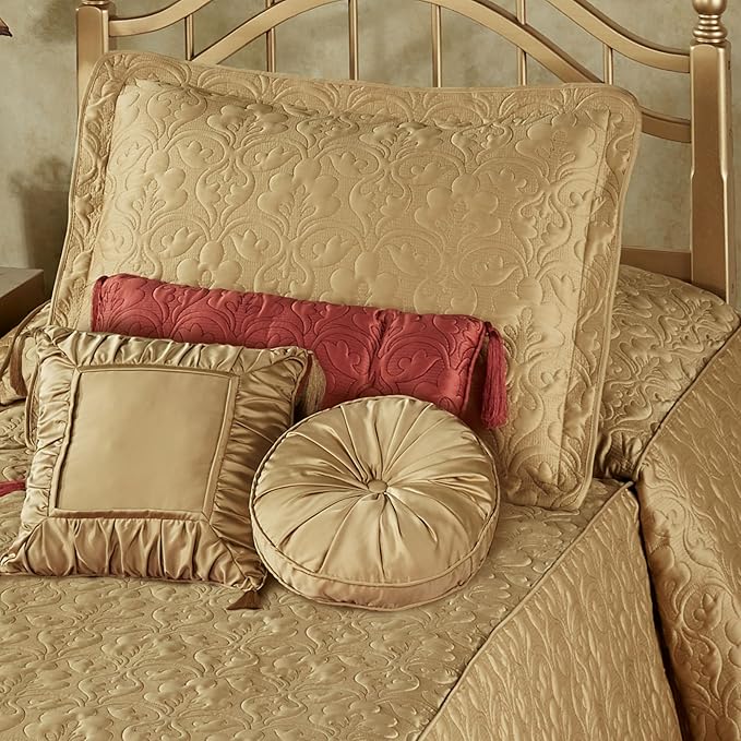 Cambridge Classic Luxury Bedding | Golden Bronze Solid Color Polyester Satin | Elaborate Damask Quilting | 5 Pc Bed Set: Twin Bedspread, Standard Sham, & 3 Decorative Pillows | Also Fits Twin XL Beds