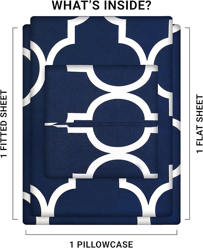 Utopia Bedding Twin XL Sheet Set, Soft Microfiber 3 Piece Bed Sheets with 15" Deep Pocket - Easy Care Brushed Microfiber (Quatrefoil - Navy)