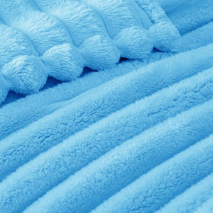Exclusivo Mezcla Twin Size Flannel Fleece Blanket, Super Soft Striped Jacquard Bed Blanket, Lightweight Fuzzy Cozy for All Seasons, 60x80 Inches, Blue