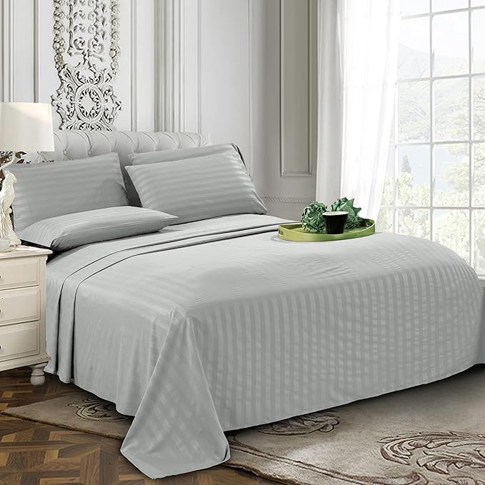Elegant Comfort Softest and Coziest 4-Piece Sheet Set - 1500 Premium Hotel Quality Microfiber - Deep Pocket, Wrinkle Resistant 4-Piece Damask Stripe Bed Sheet Set, Twin XL, Silver
