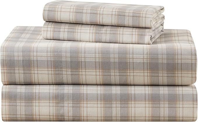 Comfort Spaces 100% Cotton Sheets Twin XL, Breathable, Naturally Cool Cotton Sheets, Soft Cotton Bed Sheets with 12" Elastic Pocket Fits up to 14" Mattress, All Seasons Sheet Set, Wesley Taupe 3 Piece