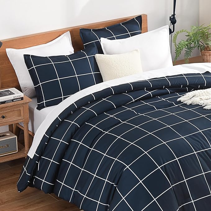 Andency Navy Plaid Comforter Twin(66x90Inch), Dark Blue Grid Gingham Buffalo Plaid Bed Set for Boys Kids Teens, 2 Pieces Lightweight Microfiber Geometric Preppy Bedding