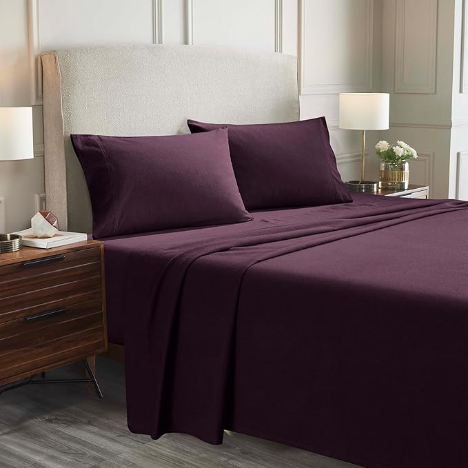 Superior Flannel Cotton Bed Sheet Set, Includes Flat Sheet, Fitted Sheet, Two Pillowcases (Twin Sizes Include One Pillowcase), Breathable, Modern Solid Classic - Split King, Purple