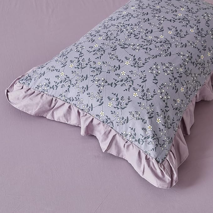 YuHeGuoJi Lavender Purple Floral Duvet Cover King 100% Cotton 3 Pcs Set 1 Lilac Purple Ruffle Duvet Cover with Zipper Ties 2 Pillow Shams Garden Farmhouse Botanical Bedding Set Soft