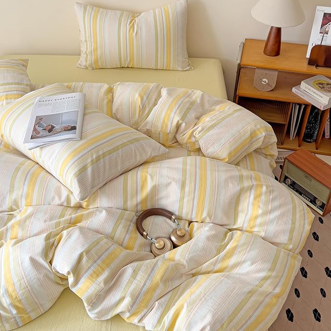 VM VOUGEMARKET 3 Pieces Striped Duvet Cover Set King 100% Washed Cotton Linen Like Textured Breathable Durable Soft Comfy Bedding Set (Yellow Stripes, King 104"x90")