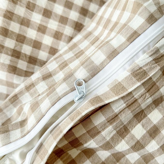 LifeTB Tan Gingham Grid Duvet Cover Queen 3 Pieces Beige Plaid Duvet Cover 100% Washed Cotton Boho Plaid Comforter Cover with 2 Pillowcases Farmhouse Checkered Gingham Bedding Set Queen