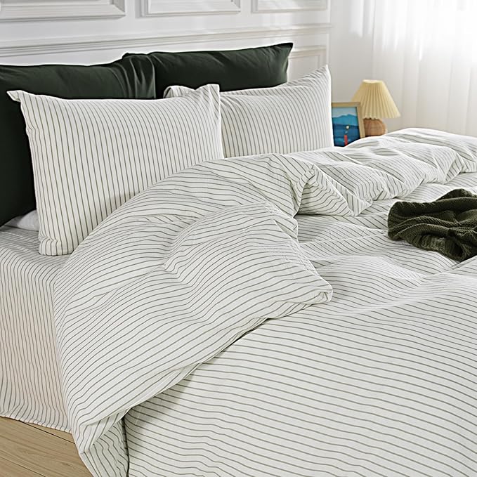 NEXHOME PRO Striped Duvet Cover Super King,100% Washed Cotton Bedding Set,Textured Linen Feel,Breathable,Organic,3 Piece(Green Stripes 108x98)
