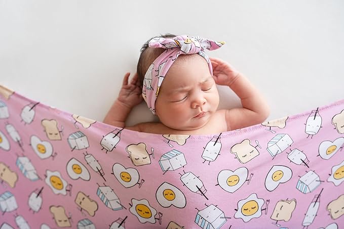 Little Sleepies Swaddle & Headband Bow Set, Viscose from Bamboo Baby Swaddles, Newborn Baby Girl Clothes (Pink Breakfast Buddies)