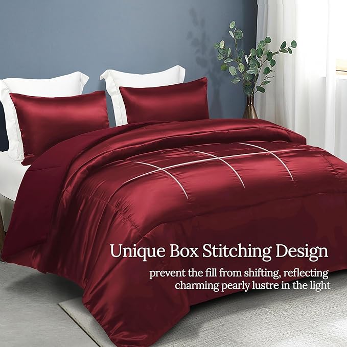Whale Flotilla 2-Piece Reversible Silky Soft Twin Size Comforter Bedding Set, Luxurious Satin Comforters with Satin Pillowcase, Lightweight Duvet for All Seasons, Red