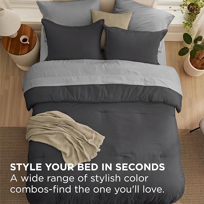 Bedsure Twin Comforter Set - 5 Pieces Dark Grey Twin Bedding Set for All Seasons, Boho Contrasting Design Bed in a Bag with Comforter, Sheets, Pillowcase & Sham