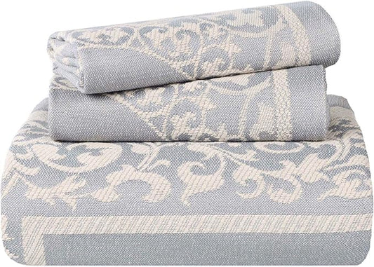 SUPERIOR Cotton Blend Bedspread Set, Includes Oversized Bedspread and 2 Matching Pillow Shams, Light Weight Blanket, Bedding Decor, Jacquard Vintage Floral Mandala, Lyron Collection - Twin, Slate Blue
