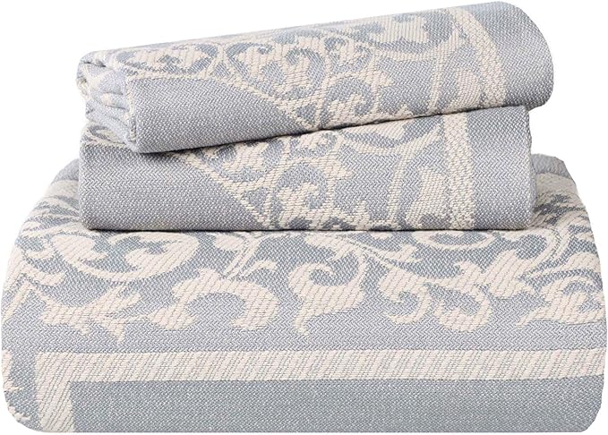 SUPERIOR Cotton Blend Bedspread Set, Includes Oversized Bedspread and 2 Matching Pillow Shams, Light Weight Blanket, Bedding Decor, Jacquard Vintage Floral Mandala, Lyron Collection - Full, Slate Blue