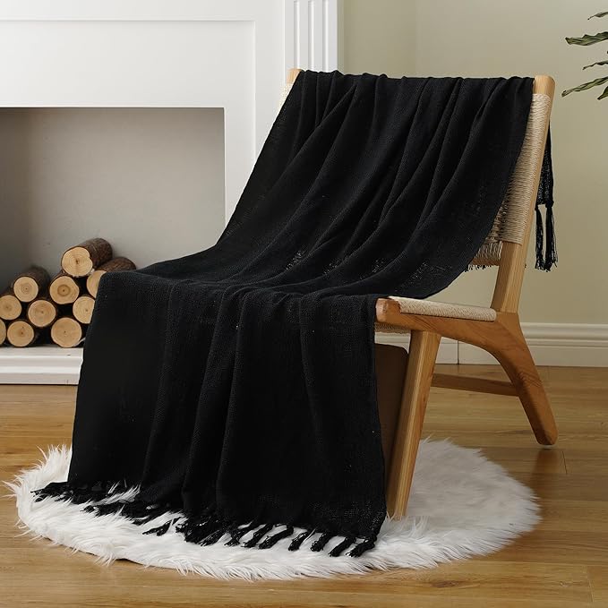 Battilo Black Solid Knit Throw Blanket for Couch and Bed, Soft Textured Plush Blanket, Cozy Lightweight Decorative Blanket for Sofa, 50"x60"