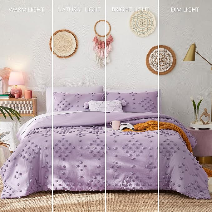Geniospin Purple Full Comforter Set for Girls- 7 Pieces Pom Tufted Bed in A Bag Full Bedding Sets with Sheets, Pillowcases & Shams, All Season Kids Comforter Set