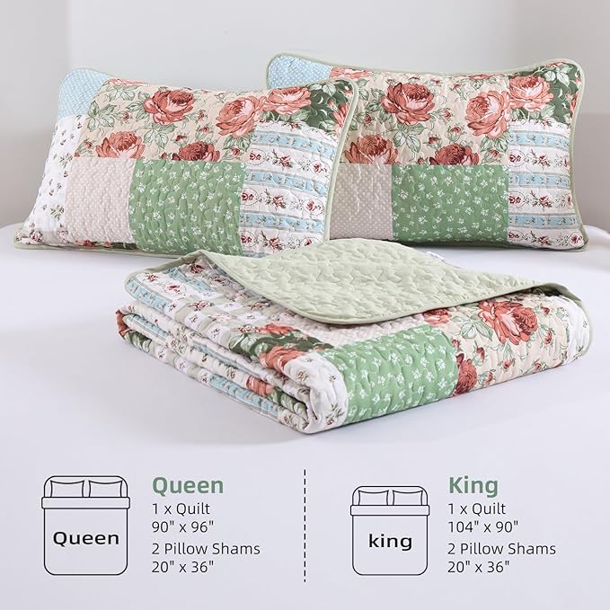 Anibedding 3 Pieces Green Patchwork Quilt Set Queen Size, Bohemian Red Flower Green Plaid Bedspread Coverlet Set with Pillowcases, Soft Microfiber Summer Quilt Bed Cover for All Season (96''x90'')