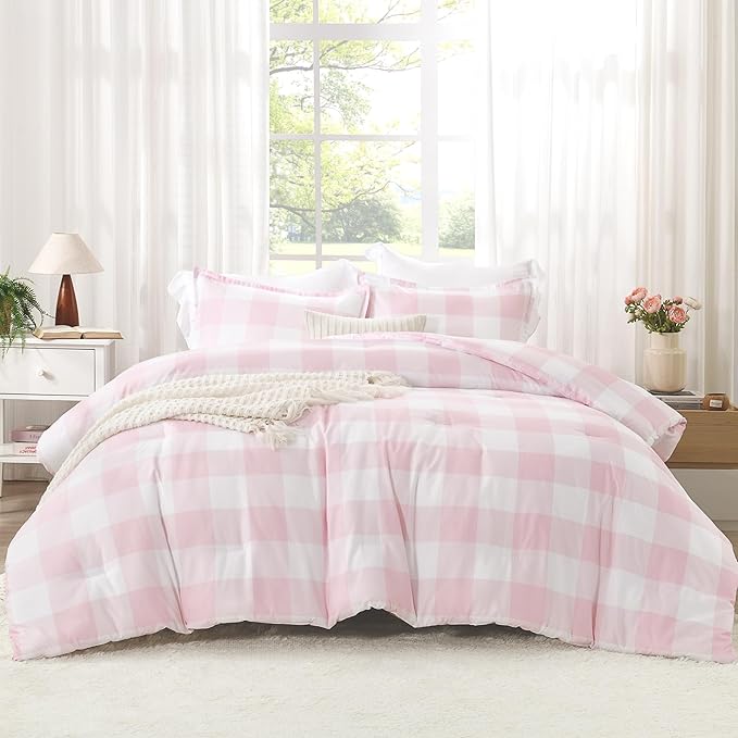 Andency Pink Checkered Comforter Full(79x90Inch), Plaid Gingham Buffalo Plaid Grid Bedding Sets for Girls Kids Women Kids Teens, 3 Pieces Lightweight Microfiber Geometric Preppy Bed Set