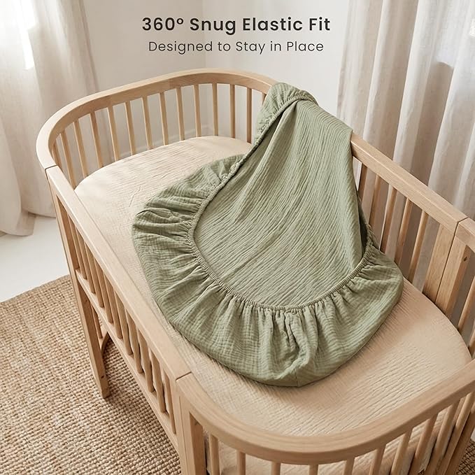 Konssy 2 Pack Muslin Bassinet Sheets for Boys, Girls, 100% Cotton Soft Breathable Fitted Bassinet Mattress Sheet, 33 x 21 inches (Fog Green,Cream)