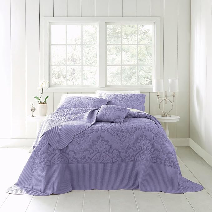 BrylaneHome Bedding Lightweight All Season Modern Amelia Quilted Damask Oversized Ultra Soft Bedspread - Full, Lavender