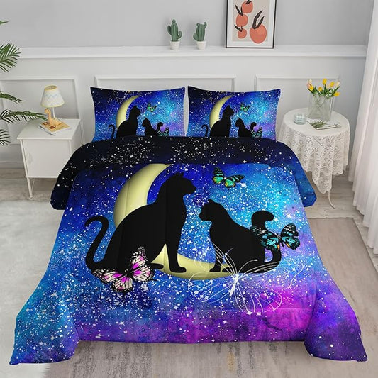 Axolotl Black Cat Comforter Bedding Set King,Cartoon Cat Butterflies Moon Printed Kids Bedding Set,Starry Sky Gradient Bedding for Kids Boys Girls Adults Teens All Season,1 Quilt 2 Pillow Cases,Blue