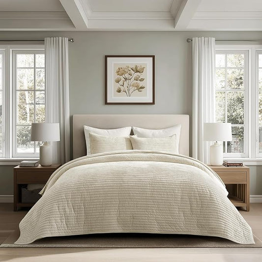EVERGRACE Velvet Quilt Set King Size, Luxurious Soft Striped Channel Bedding Set, Lightweight Velvet Comforter for All Season, Oversized Bedspread Coverlet with 2 Matching Shams, Beige